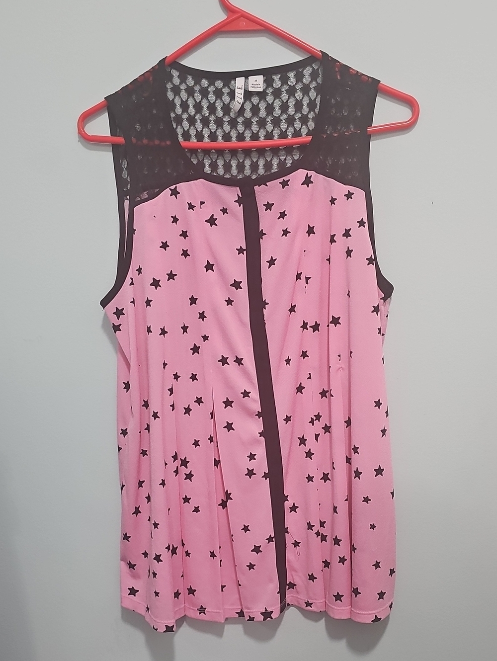 Elle Pink Star Print Sleeveless Blouse with Black Trim New Medium